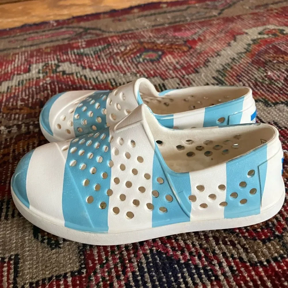 Toms Blue and White Shoes with Slip-On Style and Ventilated Design